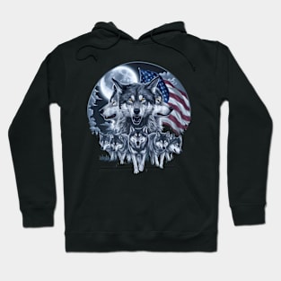 Wolves Under Moon Howling Wolf 4th of July American Flag Hoodie